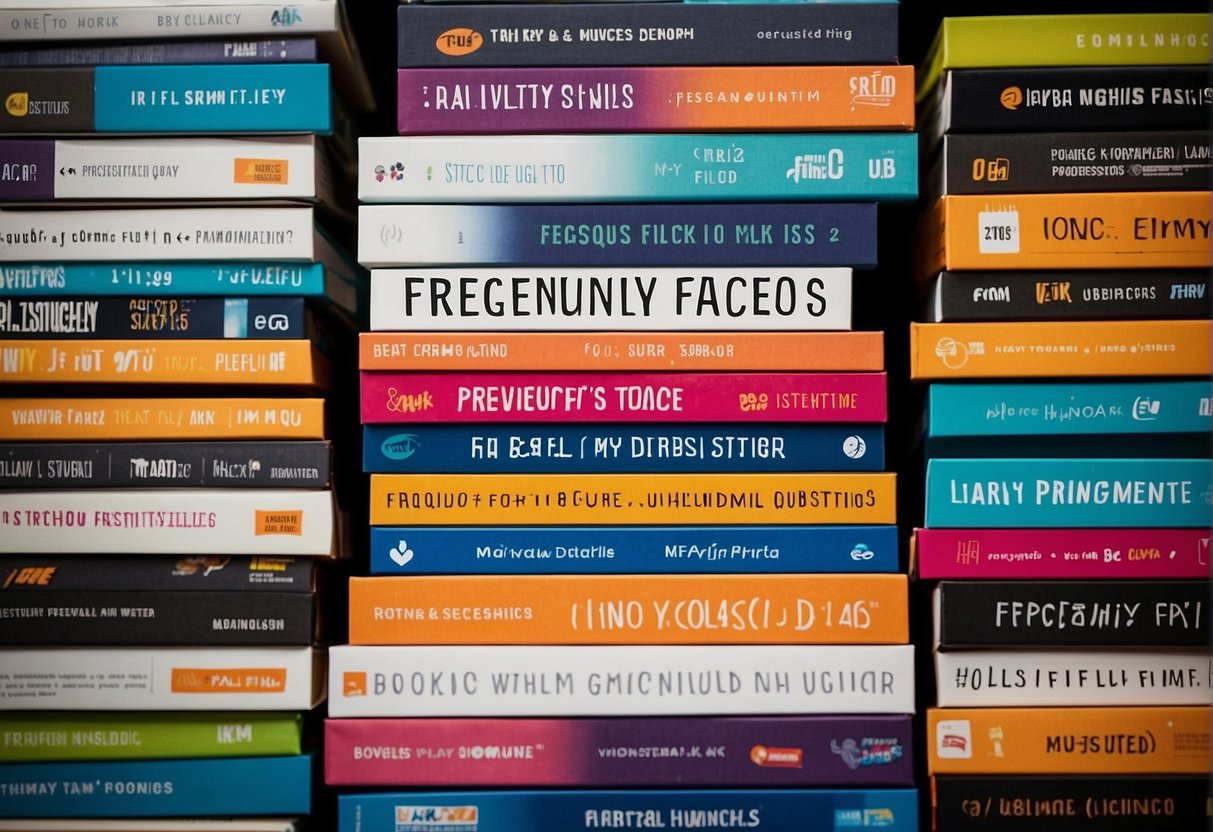 A stack of promotional materials with "Frequently Asked Questions" displayed prominently, surrounded by vibrant colors and eye-catching designs