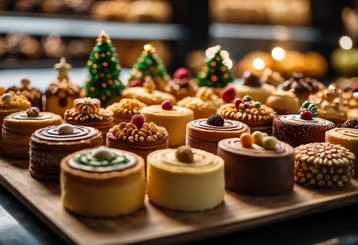 A festive display of Christmas log cakes with various flavors and decorations, showcased in a Singaporean bakery for holiday promotions