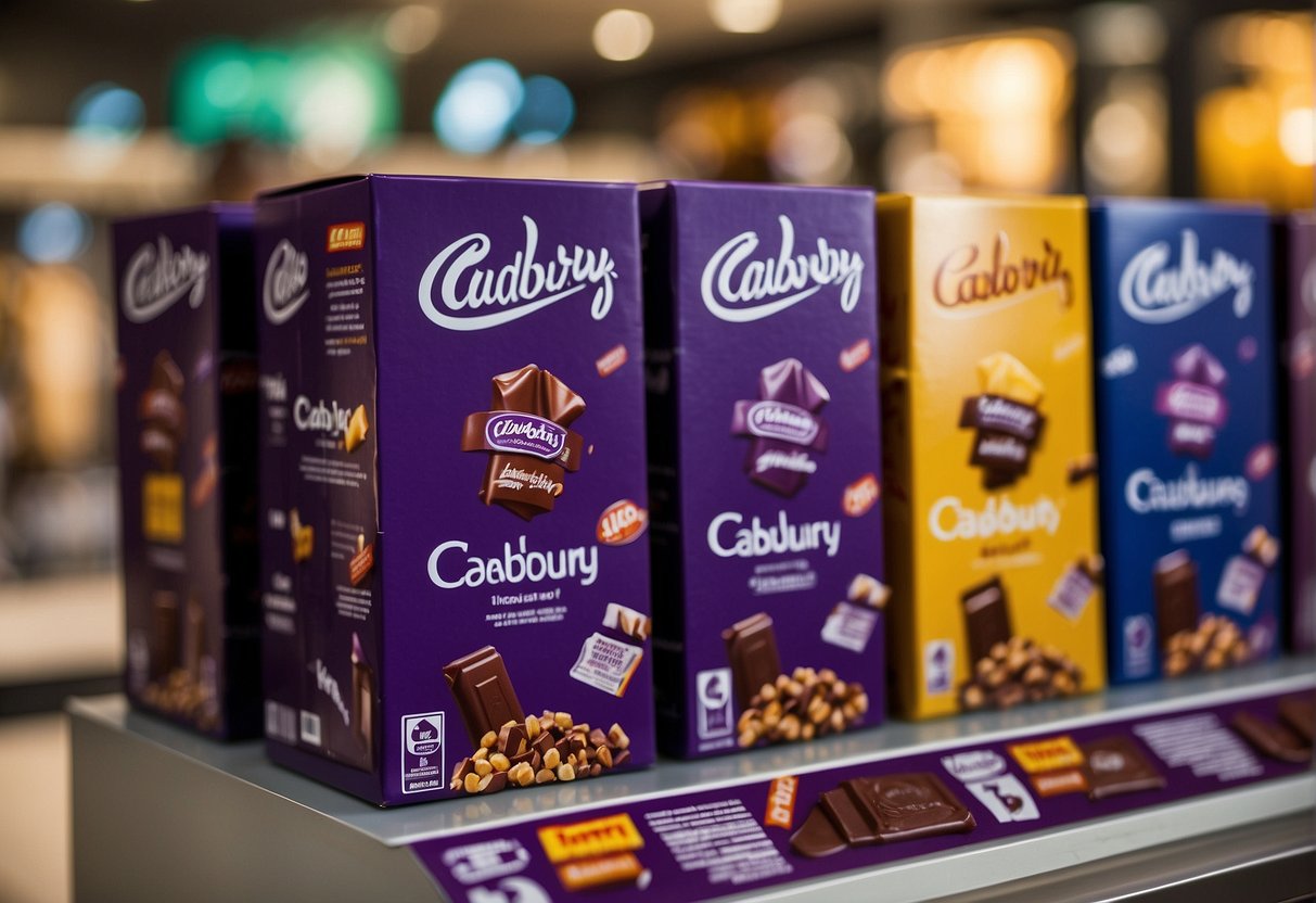 Colorful Cadbury chocolate bars and promotional signage displayed in a busy Singaporean store