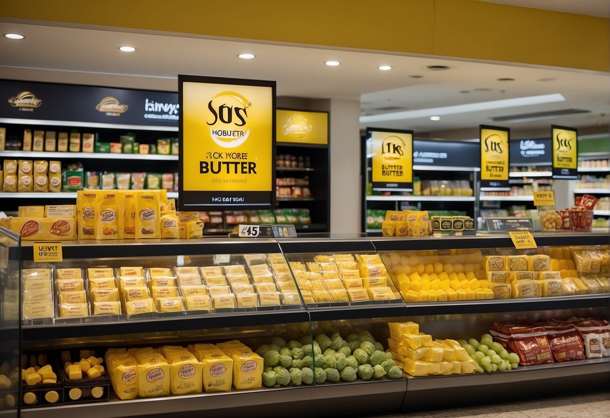 A display of SCS Butter promotions in a Singapore grocery store, featuring eye-catching signage and attractive product arrangements