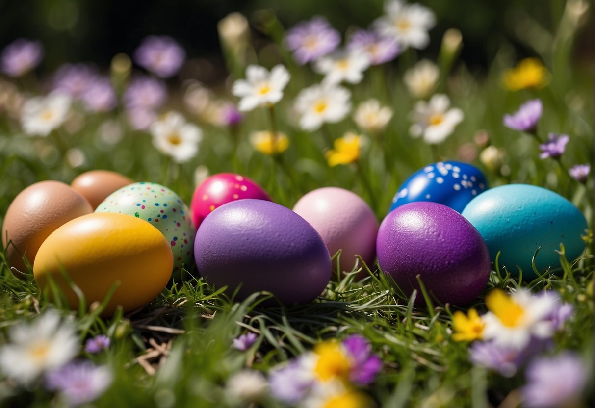 Brightly colored Easter eggs scattered among green grass and blooming flowers, with Cadbury promotions signage in the background