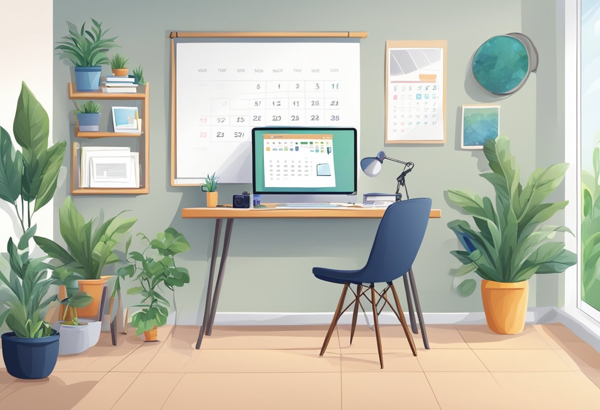 A bright, organized workspace with a computer, camera, and microphone. A whiteboard with video ideas and a calendar. A cozy background with plants and books