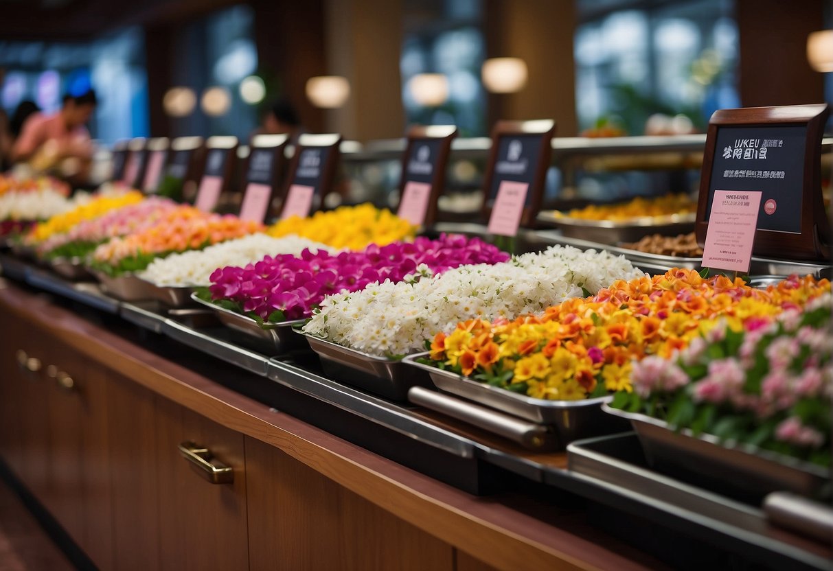 A colorful display of Sakura flowers adorns a bustling international buffet in Singapore, with signs promoting frequent customer inquiries