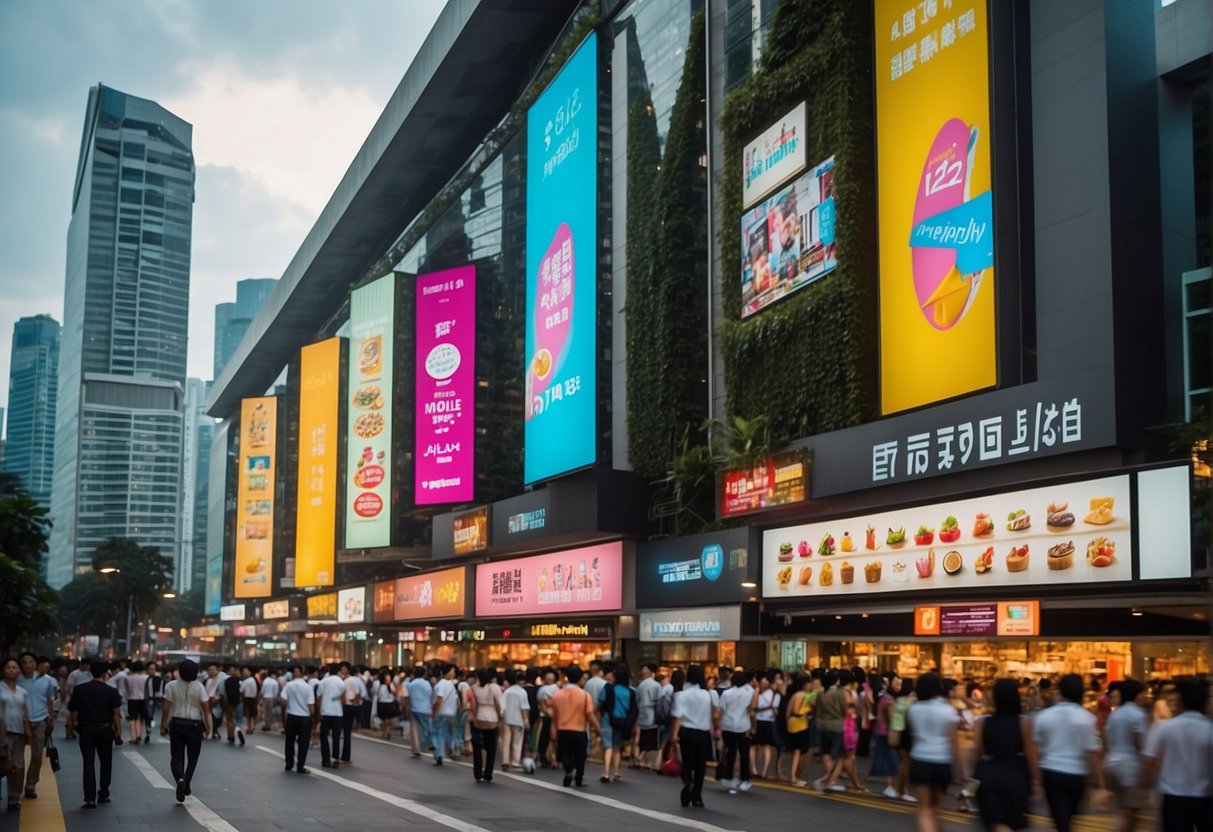 A bustling street in Singapore, with colorful signs advertising "12 12 promotions" on storefronts and lively crowds of shoppers