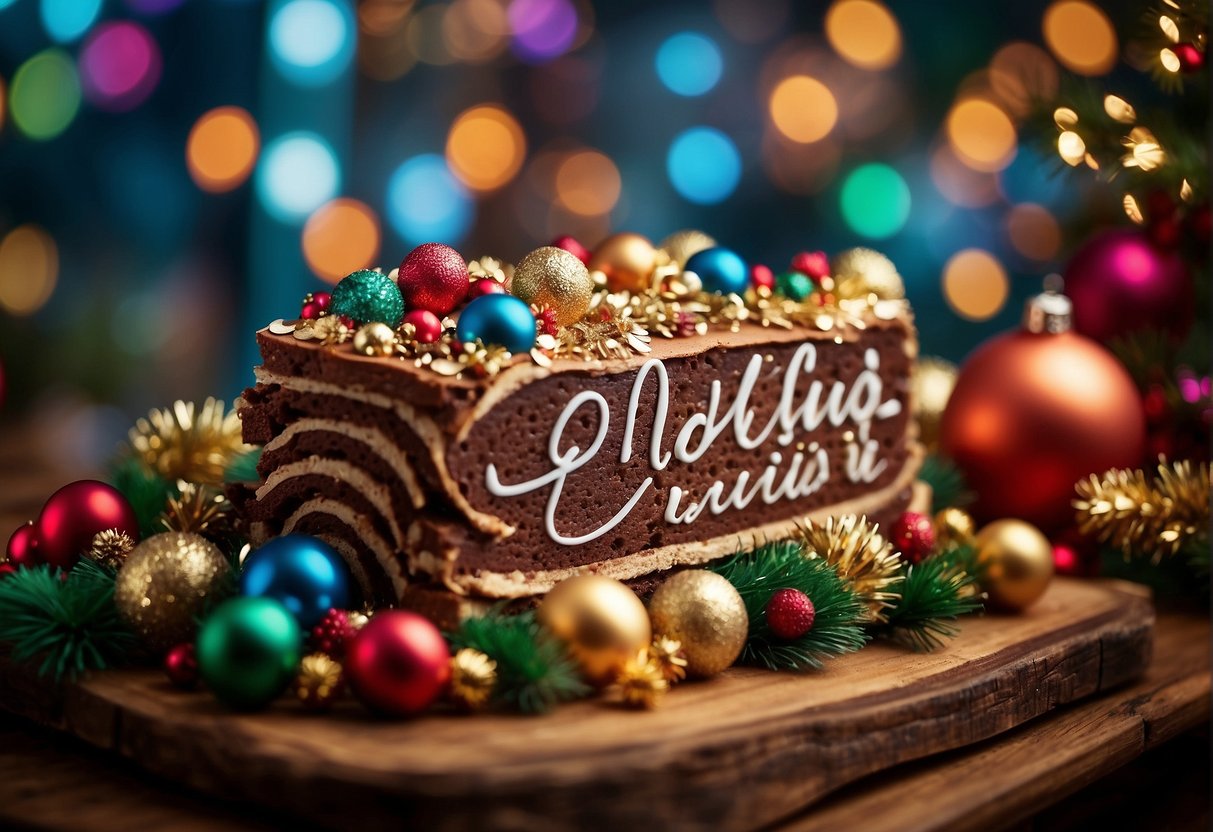 A festive log cake surrounded by colorful decorations and holiday-themed props, with a sign promoting special promotions in Singapore