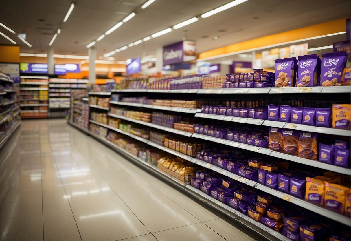 Shelves filled with Cadbury products, signs advertising exclusive deals, and promotions in a bustling Singapore supermarket