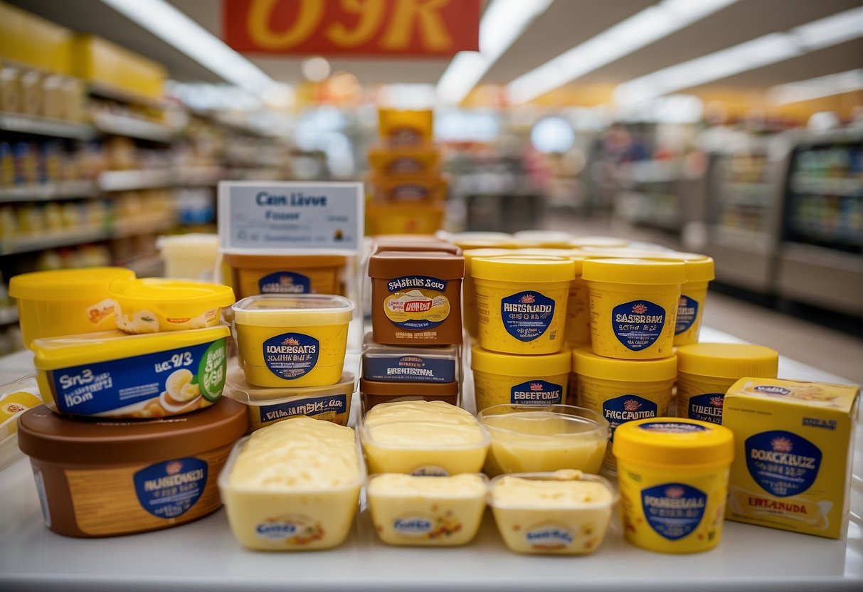 A table with various SCS butter products displayed, surrounded by promotional signage and banners in a busy Singapore supermarket