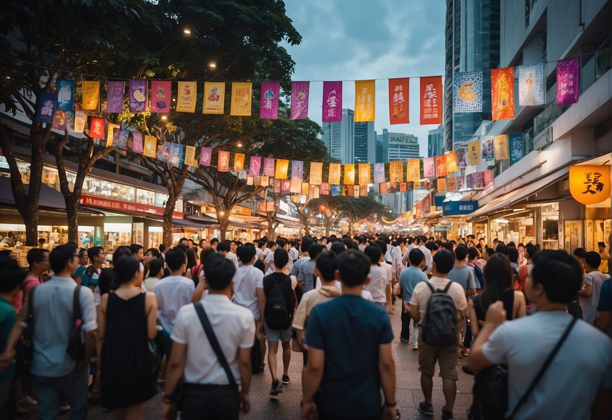 A bustling street in Singapore with colorful Phiten promotions, featuring vibrant banners and enthusiastic crowds