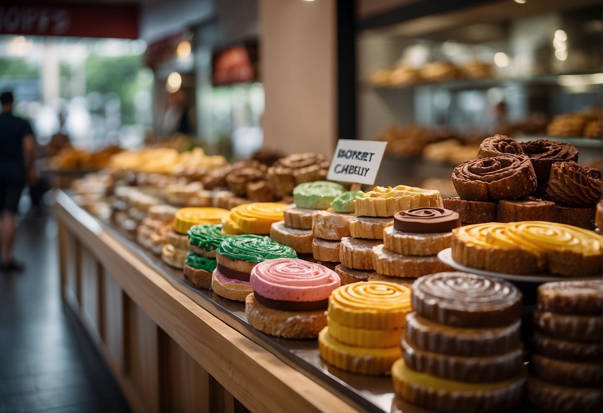 A colorful display of log cakes with promotional signage in a bustling Singapore bakery