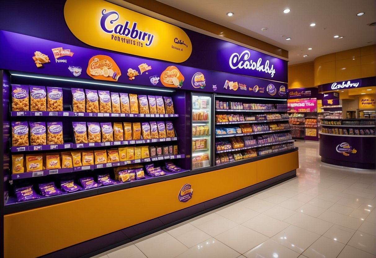 A colorful display of Cadbury promotions in Singapore, featuring various products and enticing offers. Bright signage and eye-catching packaging draw in customers