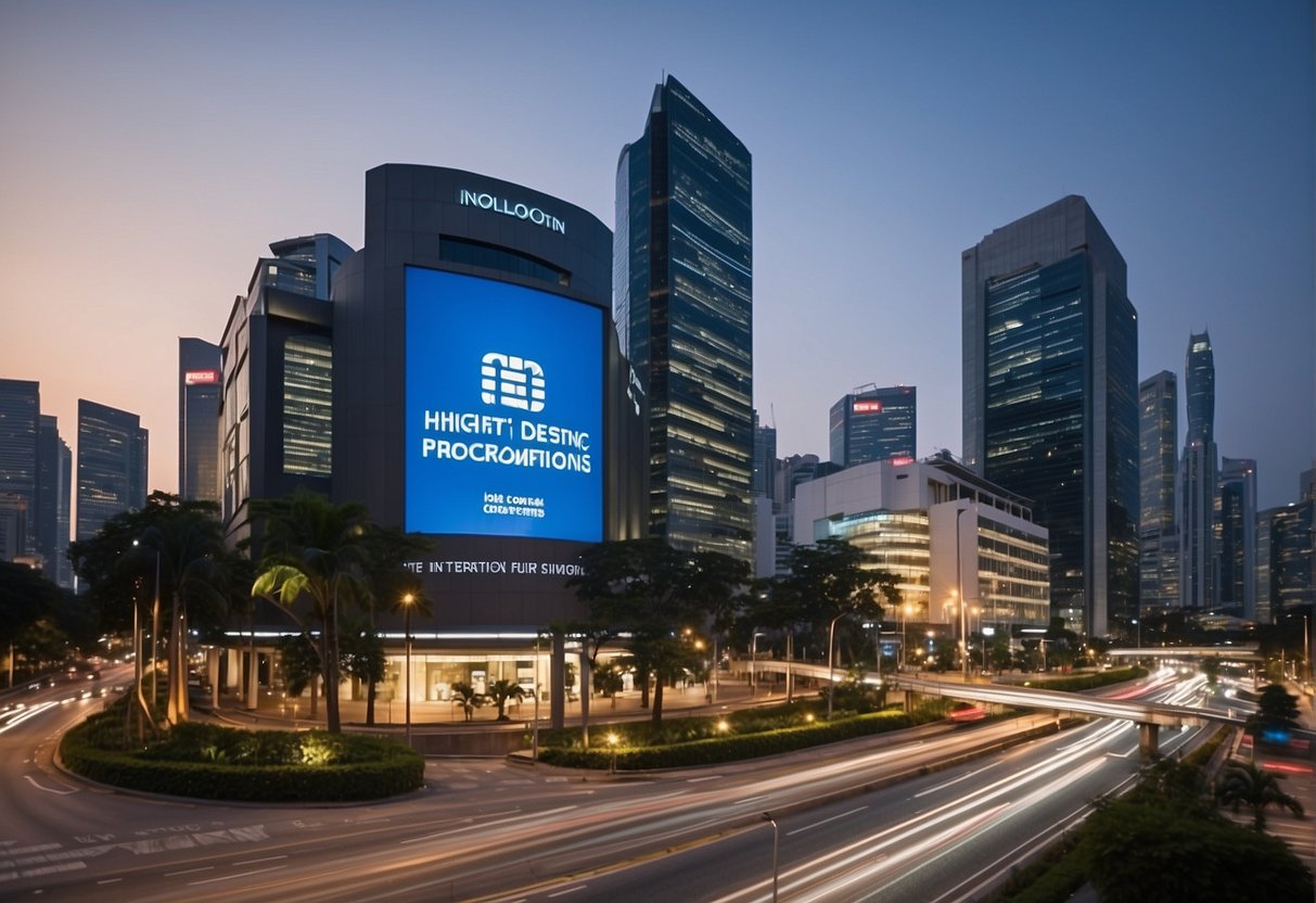 A bank building with a prominent sign advertising "Highest Fixed Deposit Promotions in Singapore" surrounded by a bustling cityscape