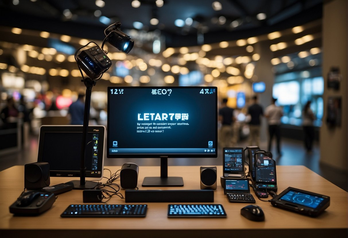 A bright spotlight shines on a display of electronics and tech deals, with promotional signs for 12 12 promotions in Singapore