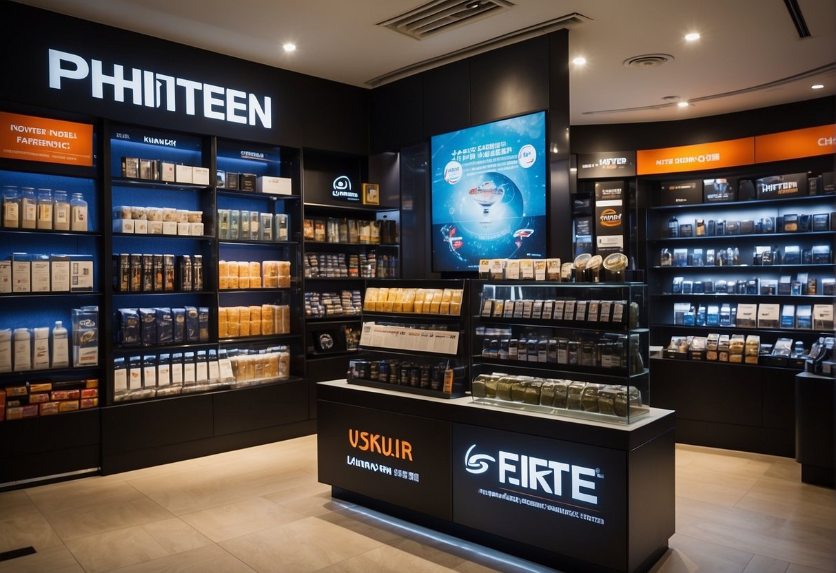 A display of Phiten products with promotional banners in a Singapore store