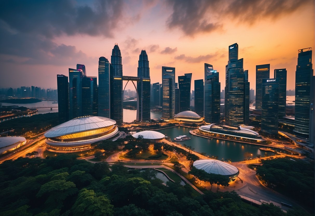 A vibrant cityscape with iconic landmarks, bustling streets, and promotional banners in Singapore