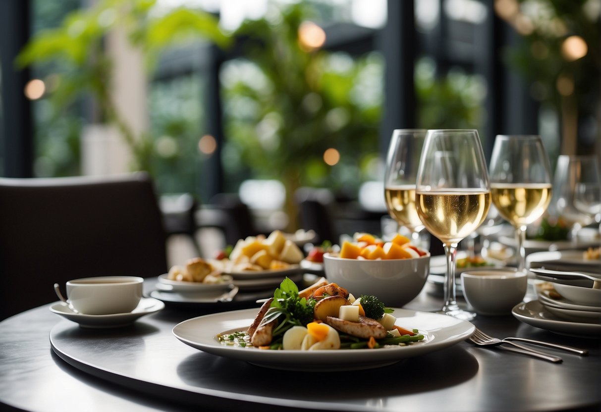 A table set with elegant dinnerware and a variety of delectable dishes, surrounded by a stylish and inviting hotel dining space in Singapore