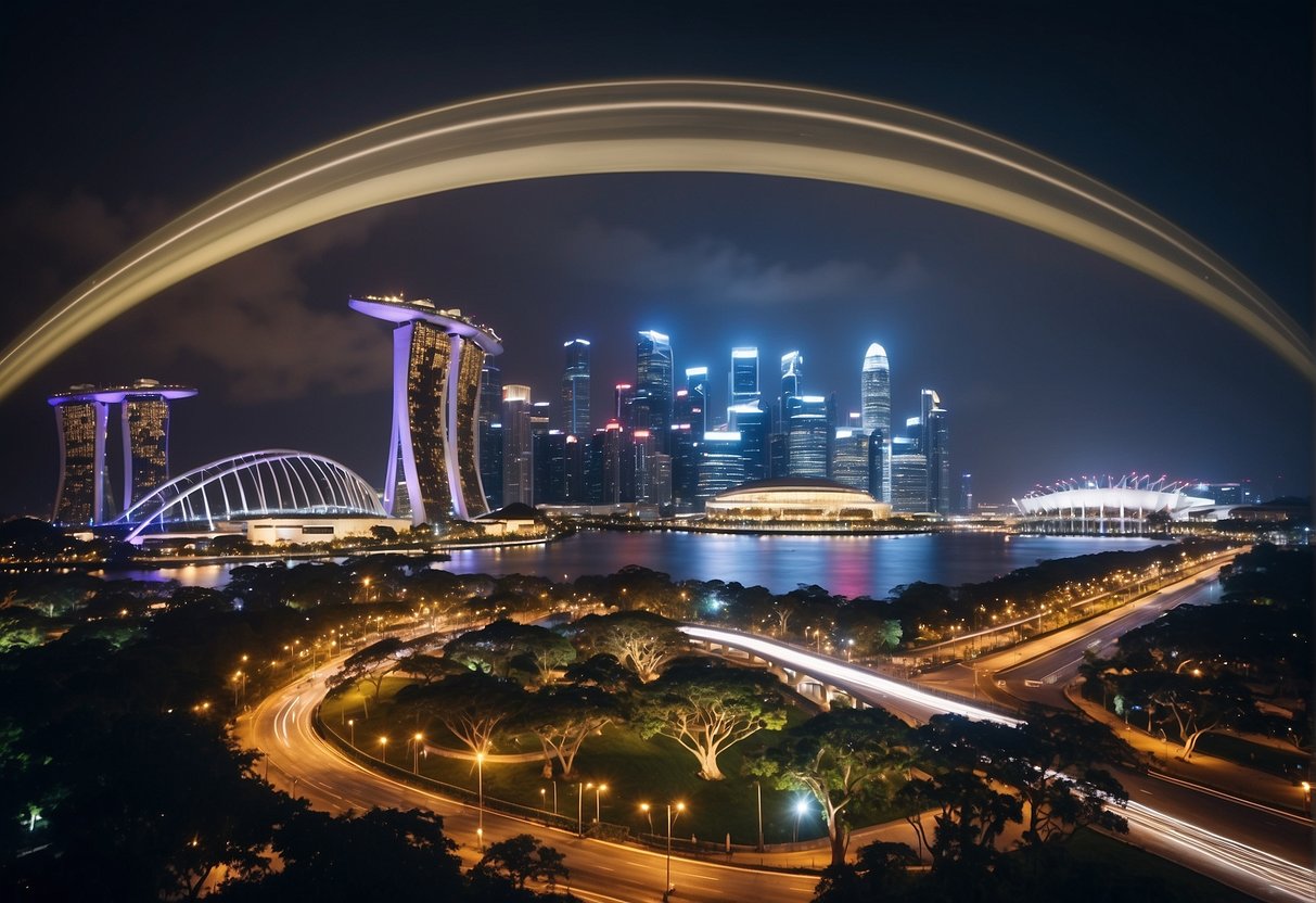 A bustling cityscape with iconic Singapore landmarks and vibrant promotional displays