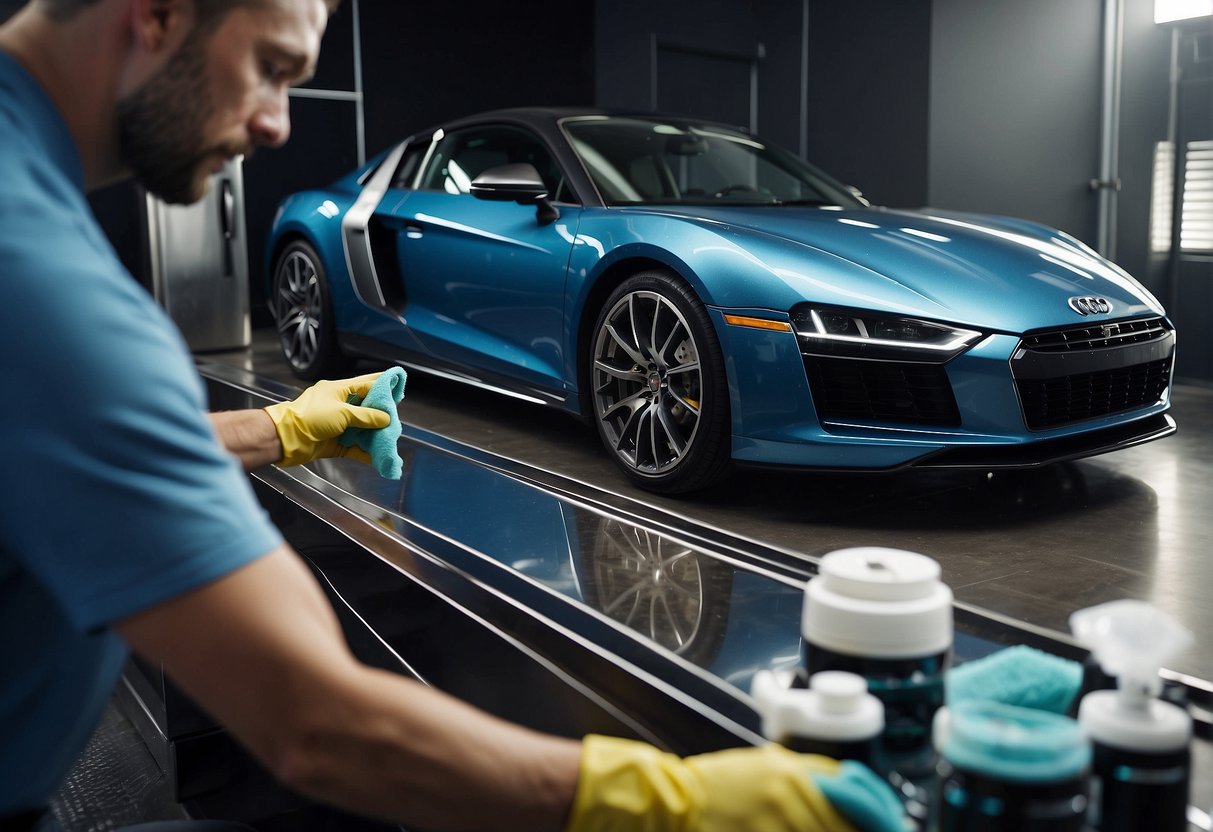 A car being meticulously cleaned and polished by a professional groomer, with various cleaning products and equipment neatly organized nearby