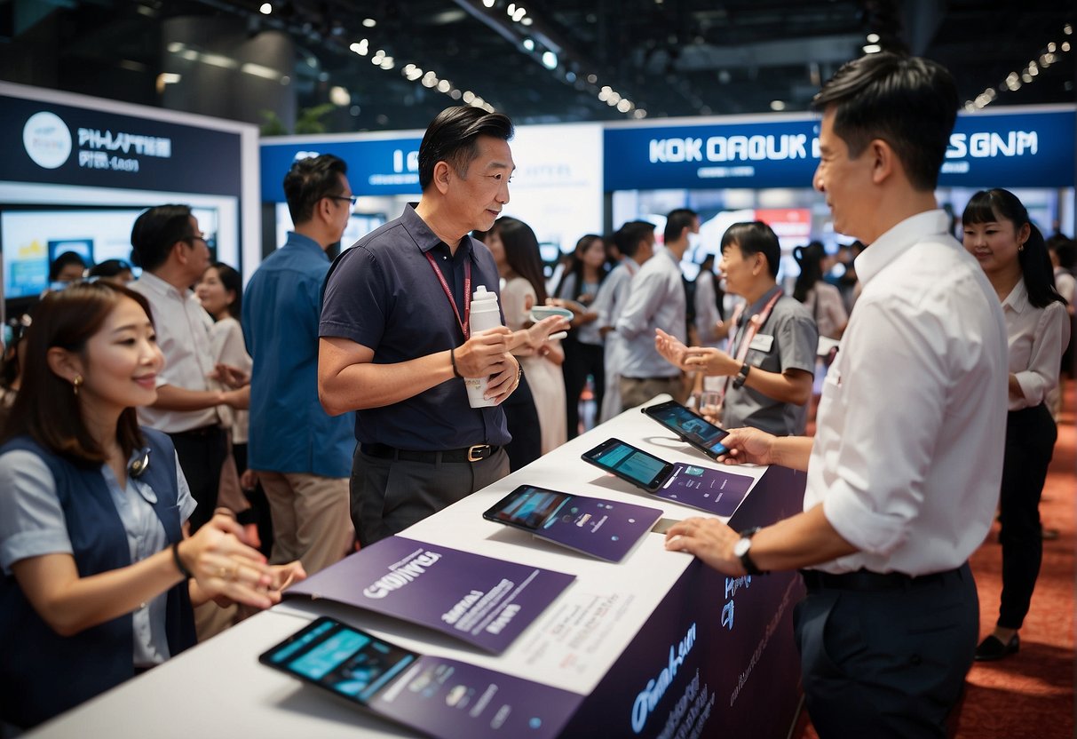 A busy promotional event in Singapore, with people interacting and asking questions about Phiten products. Displays and banners are visible