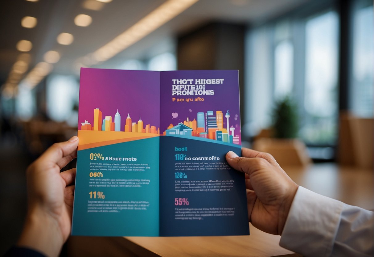A bank teller presents a colorful brochure showcasing the highest fixed deposit promotions in Singapore. The brochure features bold text and eye-catching graphics to attract potential customers