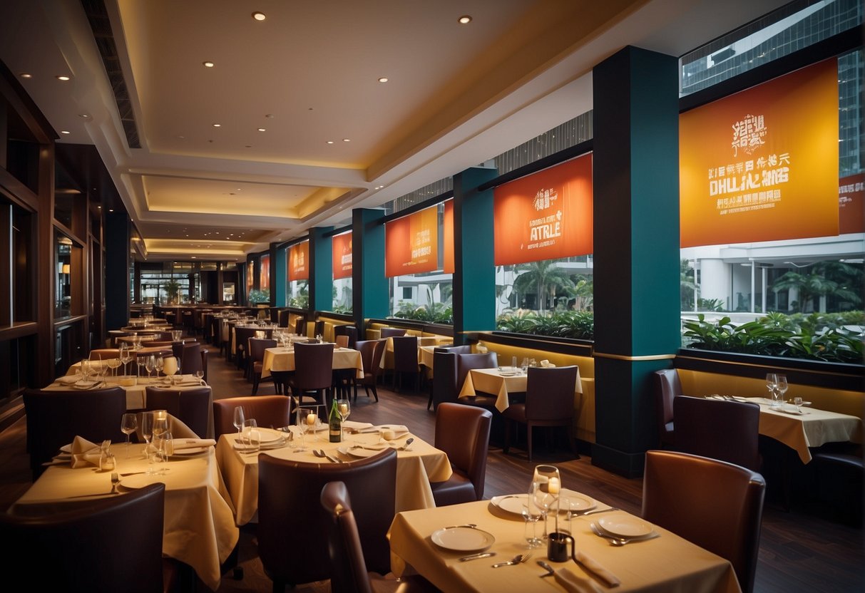 A bustling hotel restaurant with colorful banners promoting exciting dining promotions in Singapore. Tables are filled with happy diners enjoying the special offers
