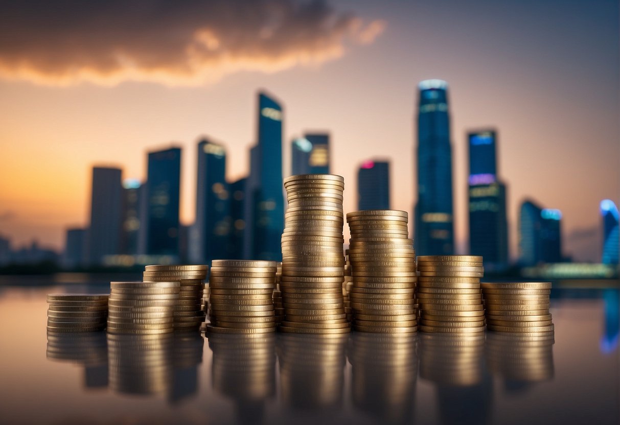 A stack of money grows larger against a backdrop of the Singapore skyline, symbolizing the concept of maximizing returns with SGD fixed deposit promotions