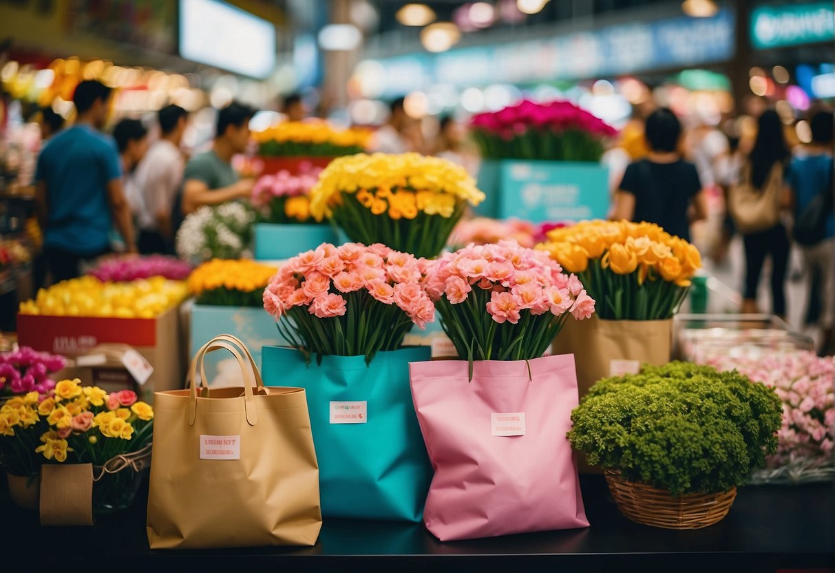 A vibrant display of spring-themed products and colorful banners, surrounded by excited shoppers in Jurong East, Singapore