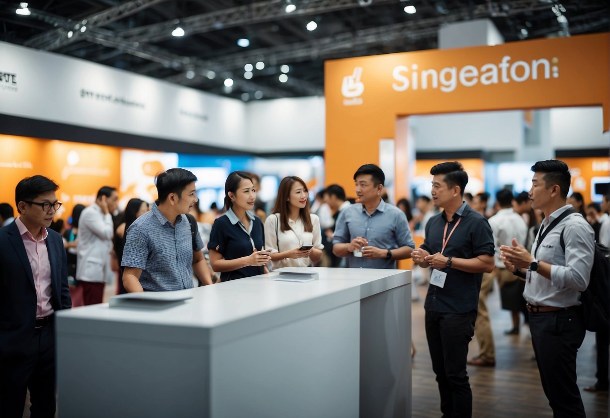 A crowded trade show booth with people asking questions about promotions in Singapore. Displays and brochures are visible