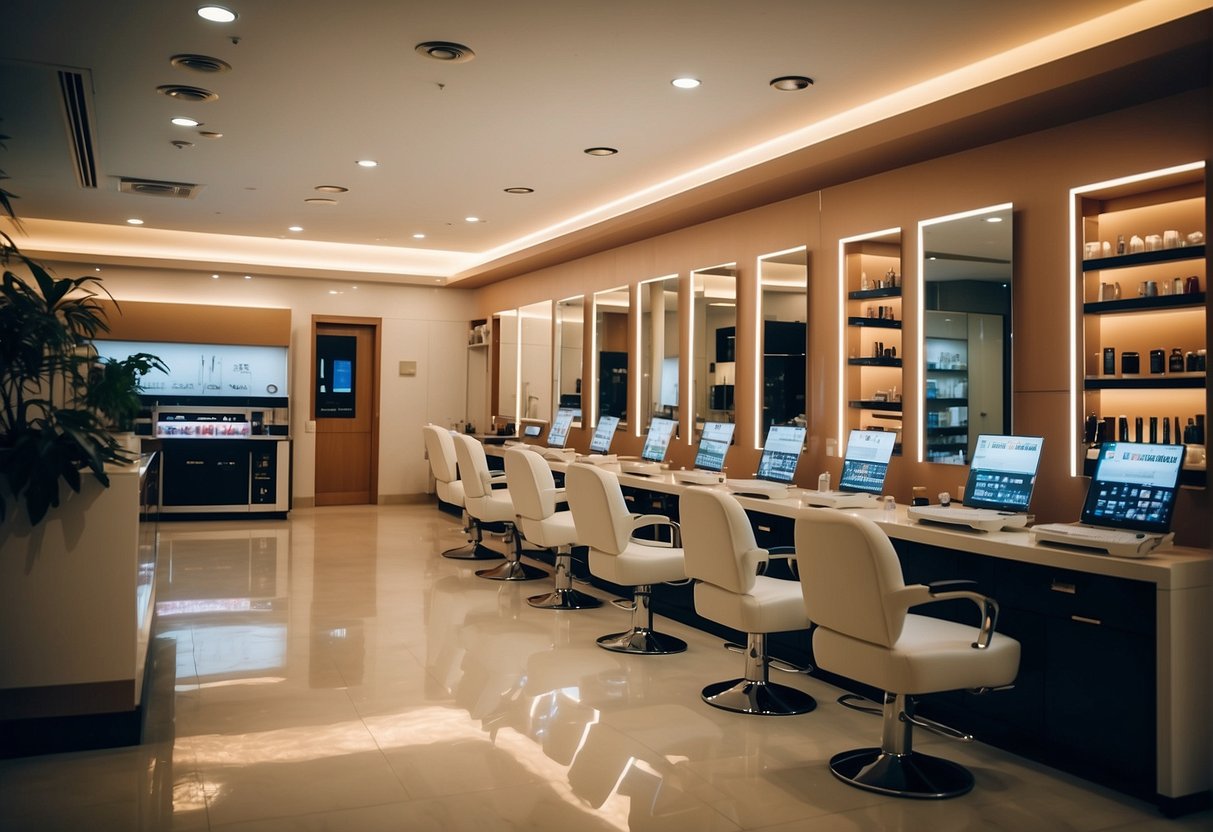 Brightly lit salon with laser machines, promotional banners, and happy customers in Singapore