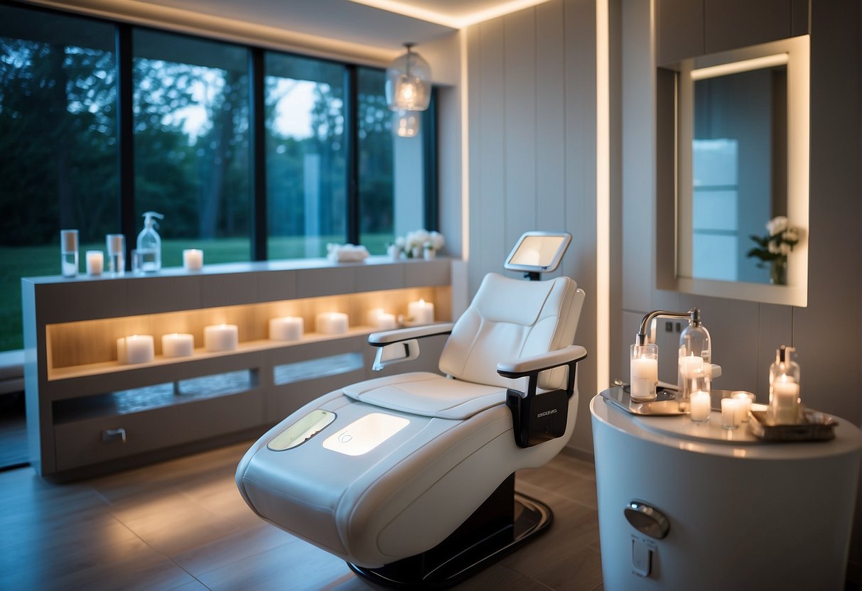 A serene spa room with a sleek hydrafacial machine, soft ambient lighting, and a tranquil atmosphere