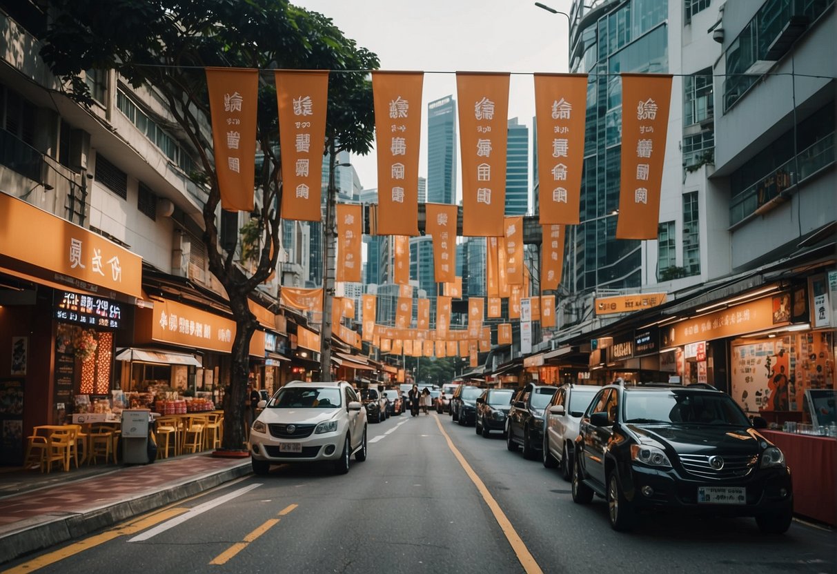 A bustling street in Singapore with colorful banners and signs for M1 promotions