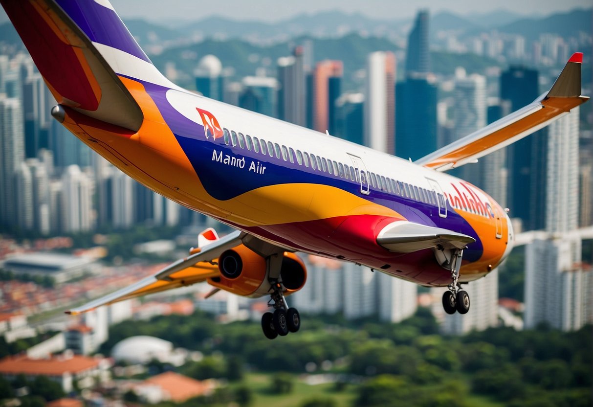 A vibrant Malindo Air plane soaring over the iconic skyline of Singapore, with the city's famous landmarks in the background