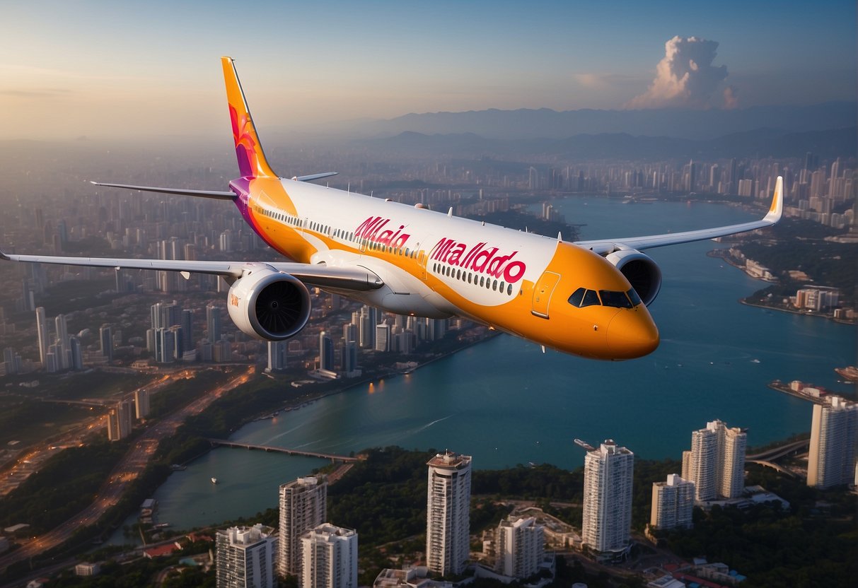 A vibrant airplane with the Malindo Air logo soaring through the sky above a city skyline, with text displaying "Explore Exciting Malindo Air Promotions" in bold letters