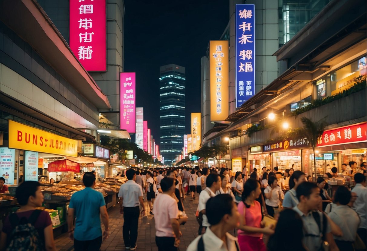 A bustling street in Singapore, with colorful banners and signs promoting Hong Leong promotions. Busy shoppers and bright lights create a vibrant atmosphere