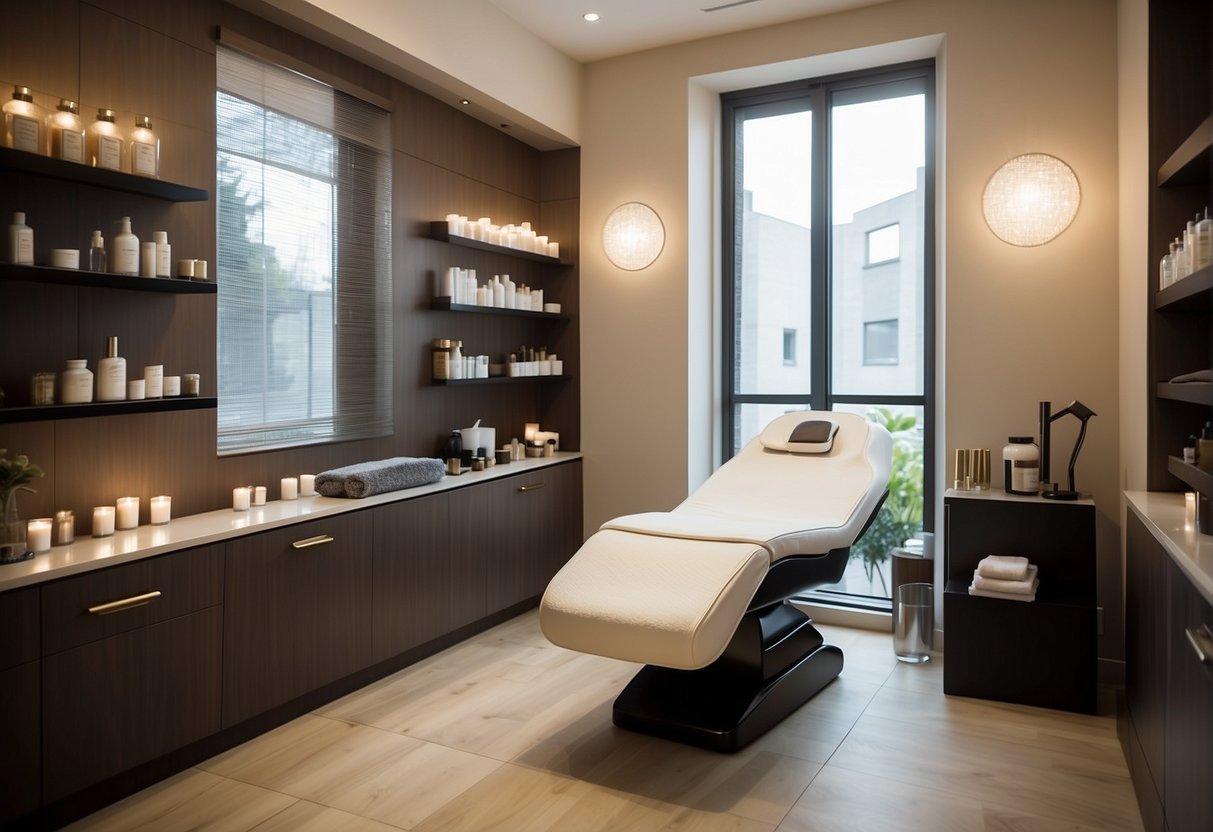 A serene spa room with soft lighting, a comfortable treatment chair, and shelves stocked with post-treatment care products for hair removal