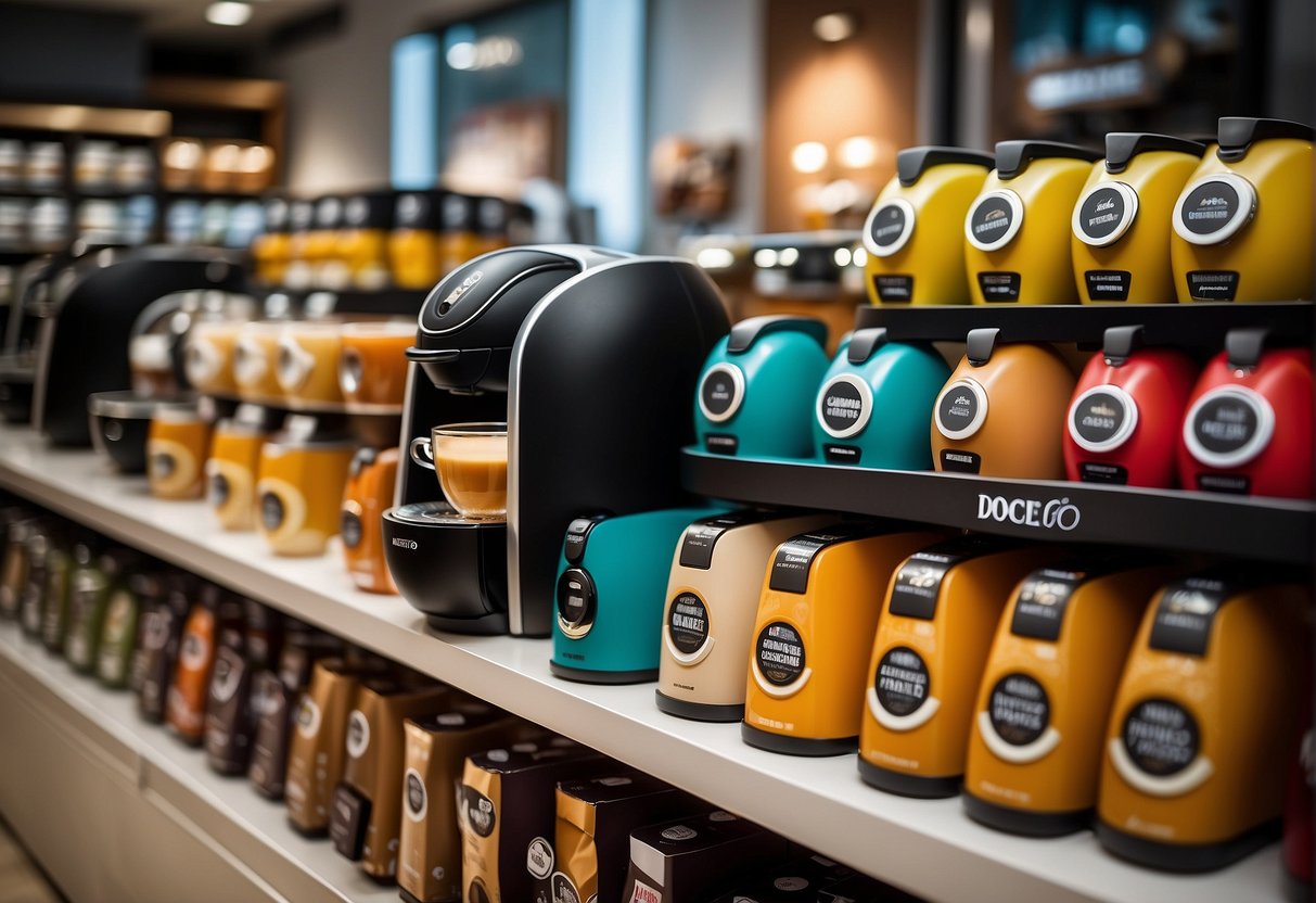 A colorful display of Dolce Gusto coffee machines and promotional materials in a bustling Singaporean store