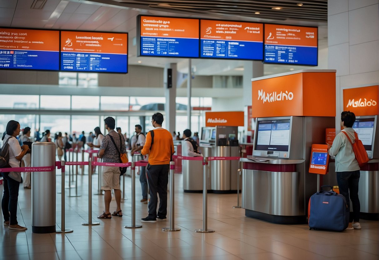 Passengers check-in at Malindo Air counter, surrounded by promotional posters. Flight information displayed on digital screens