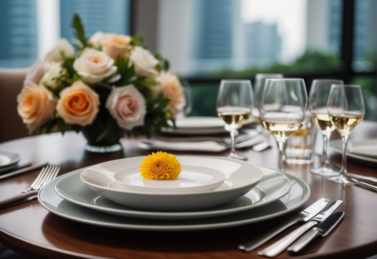 A table set with elegant dinnerware and a bouquet of fresh flowers, showcasing a special Father's Day menu at a luxurious hotel in Singapore