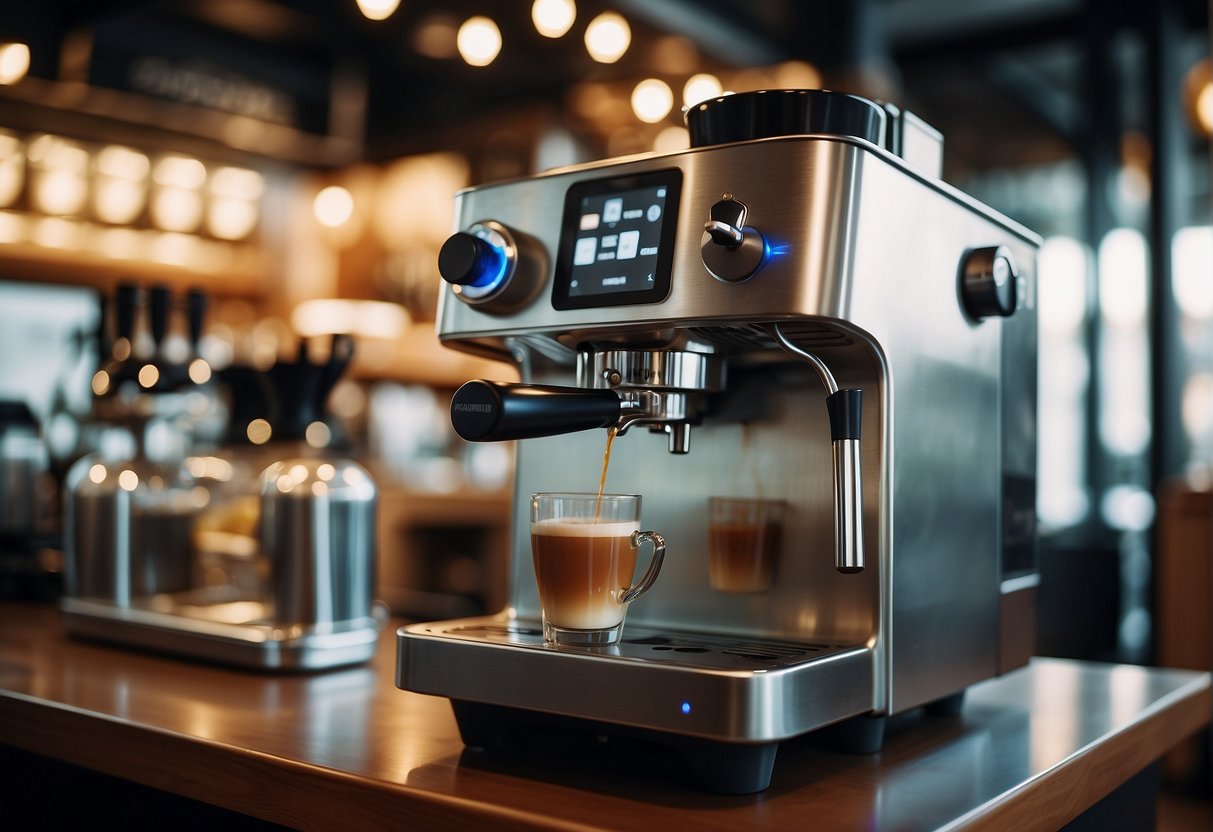 A sleek coffee machine surrounded by promotional banners and signs in a bustling Singaporean cafe