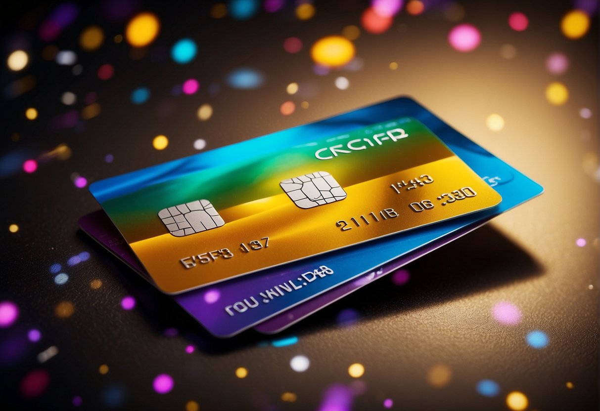 A vibrant credit card with "Exciting Offers" text surrounded by colorful promotional banners and icons