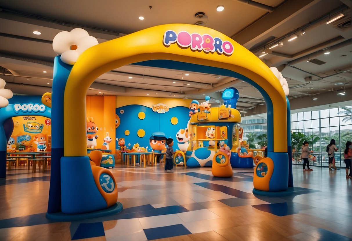 Pororo Park promotions in Singapore: Brightly colored banners and signs decorate the entrance, with cheerful characters and playful activities featured. Families and children excitedly explore the indoor playground and interactive zones