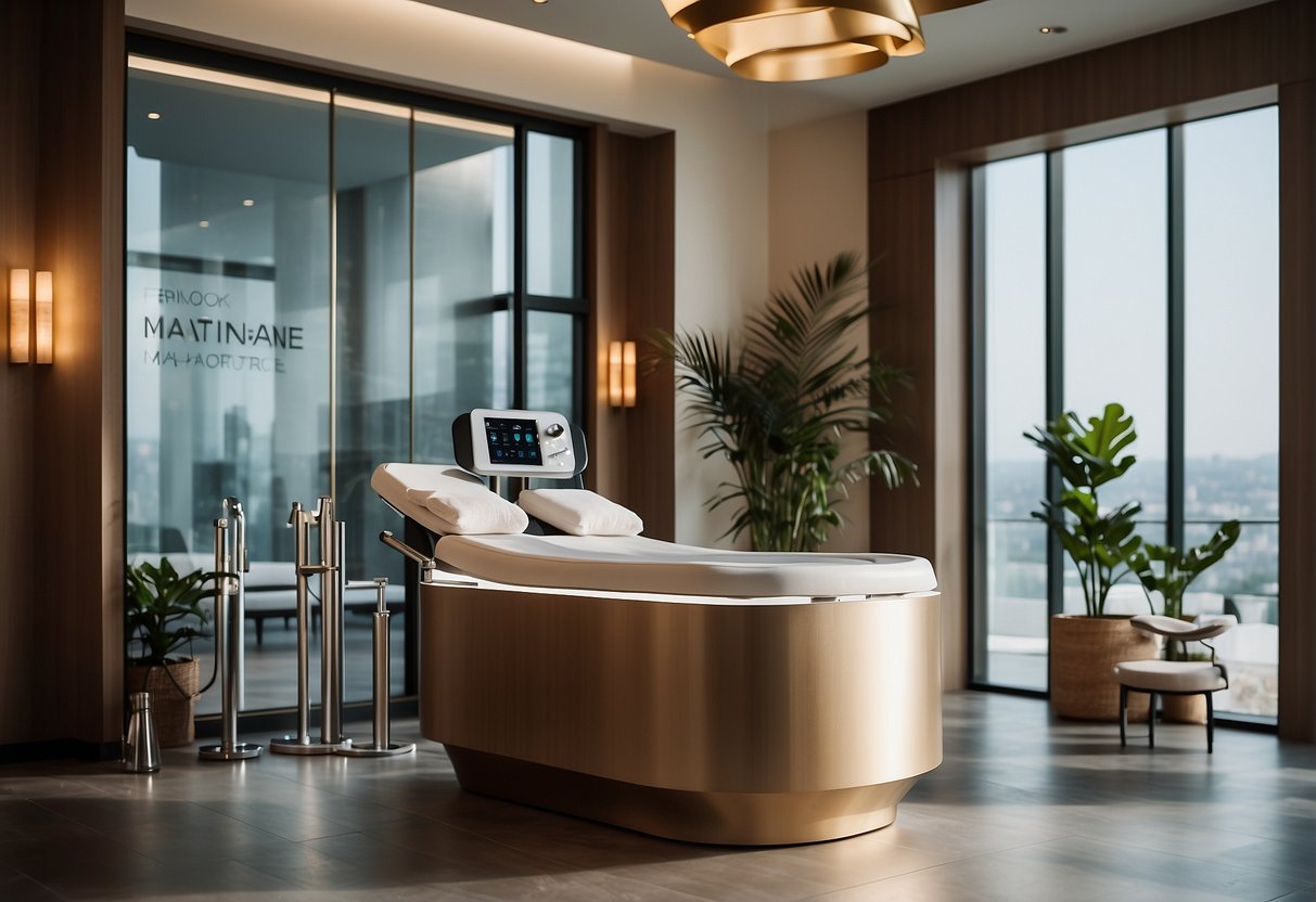 A luxurious spa setting with the Hydrafacial machine surrounded by promotional banners and elegant decor