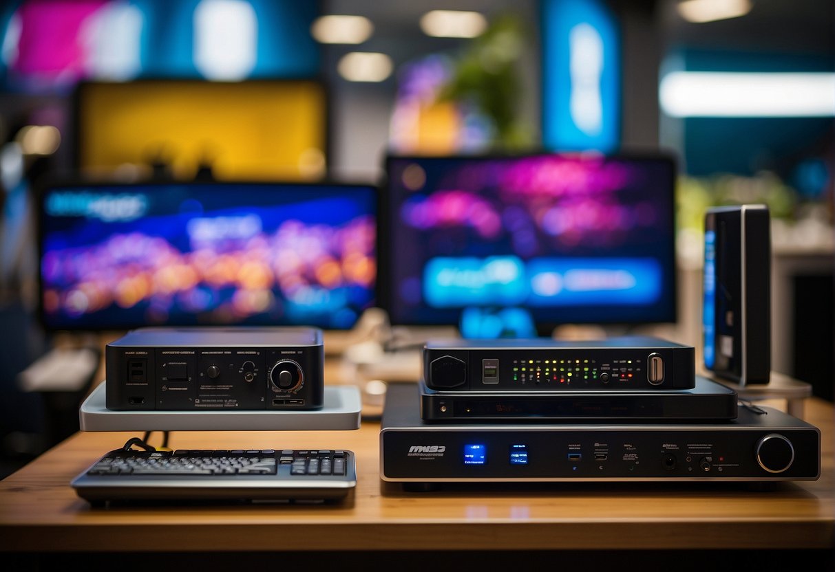 A colorful array of electronic devices and internet routers, surrounded by promotional banners and signs advertising the latest broadband and add-on deals offered by m1 promotions in Singapore