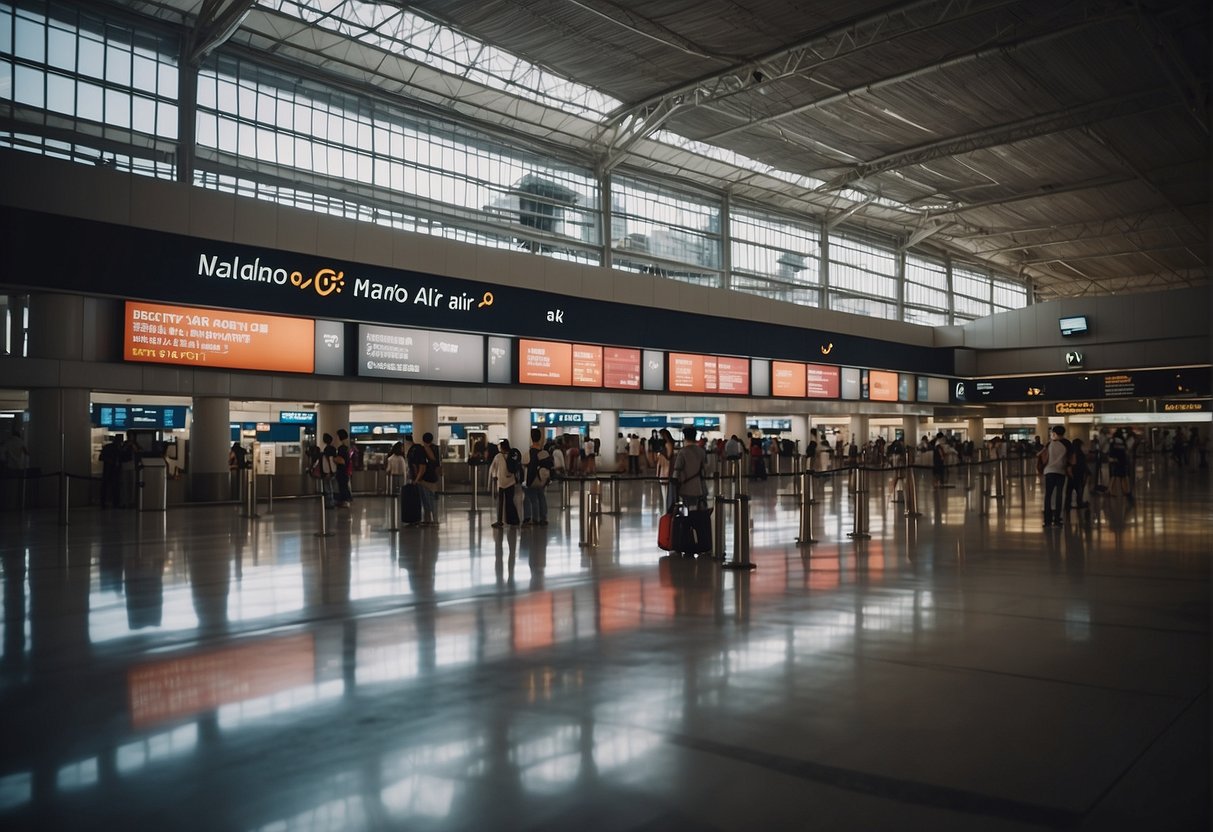 A busy airport terminal with a prominent "Frequently Asked Questions" sign and a display of "Malindo Air promotions for Singapore" on a digital screen