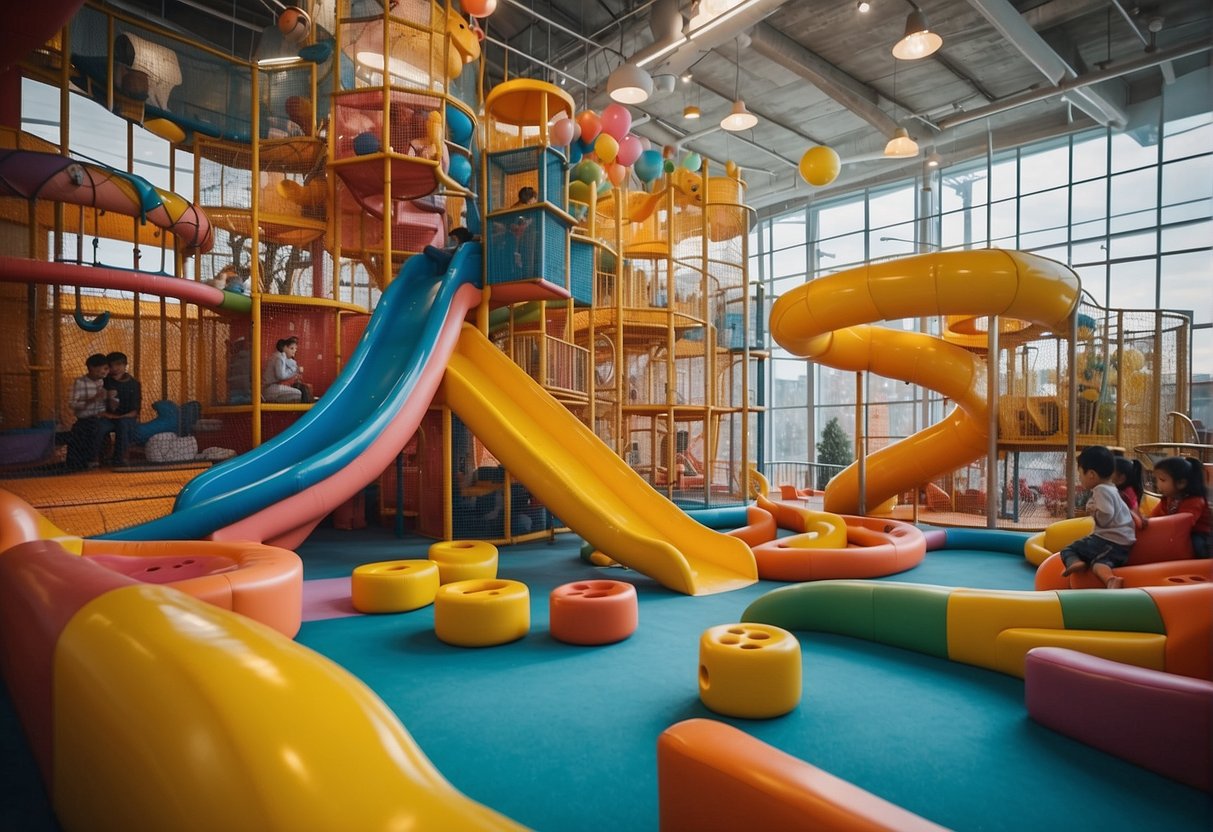 Children playing on colorful slides and climbing structures, while parents relax in the cozy cafe area. Bright, playful decor and Pororo-themed attractions fill the indoor playground