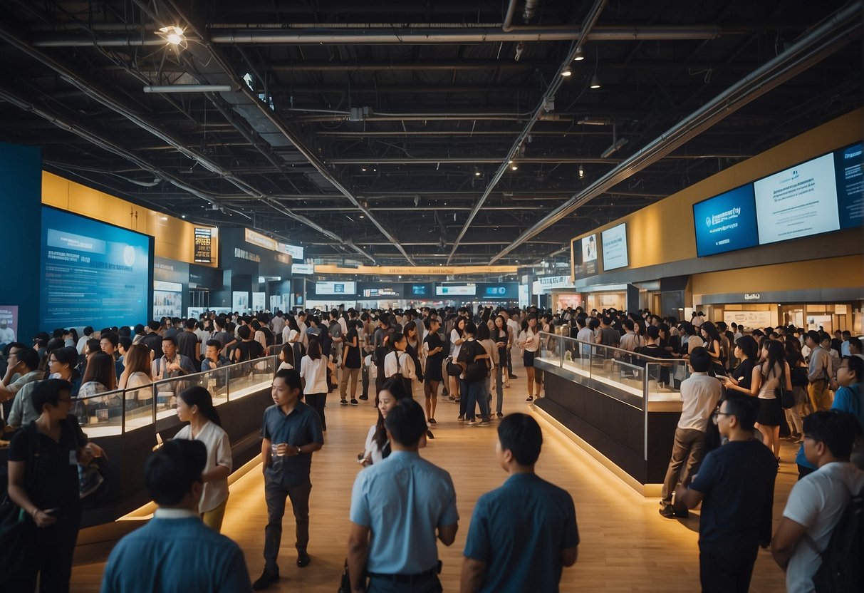 A crowded event space with people interacting at information booths, signage displaying "Frequently Asked Questions m1 promotions singapore."