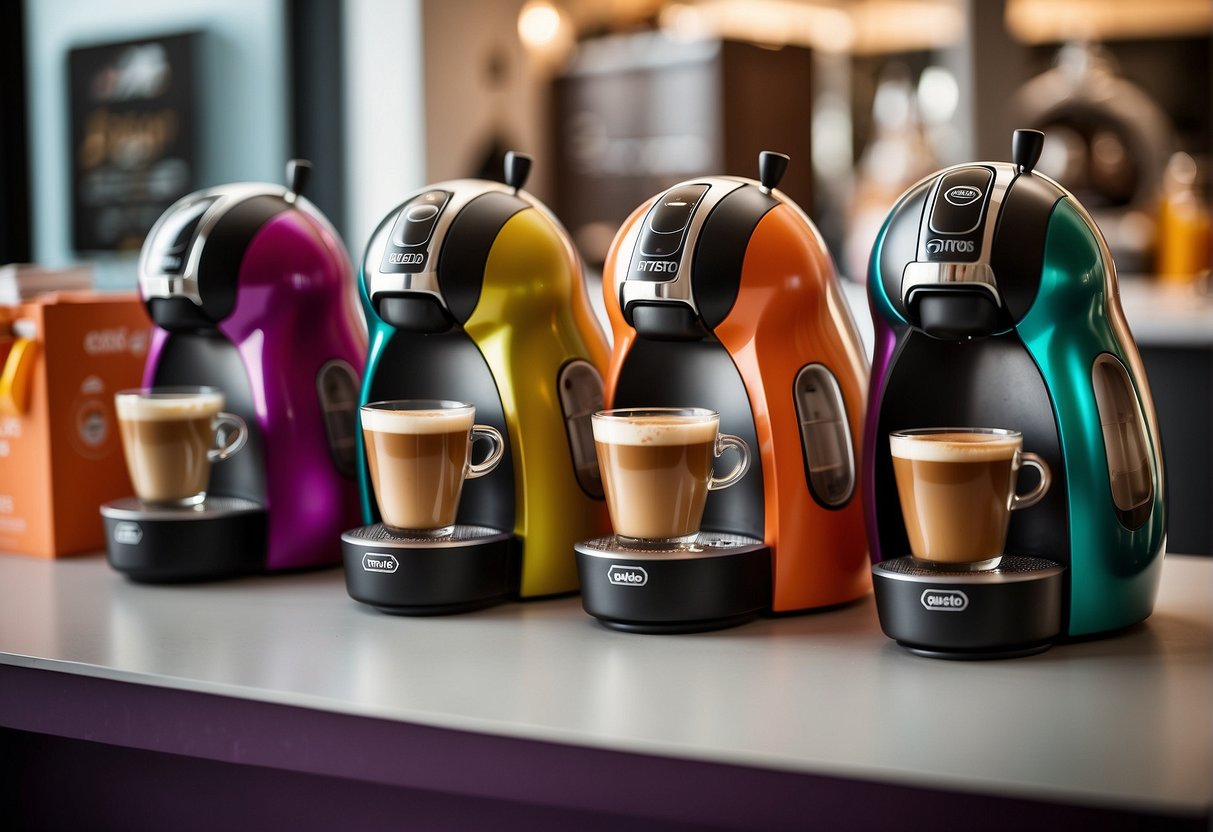 A colorful display of Dolce Gusto promotions in Singapore, featuring various coffee machines and pods, accompanied by a list of frequently asked questions
