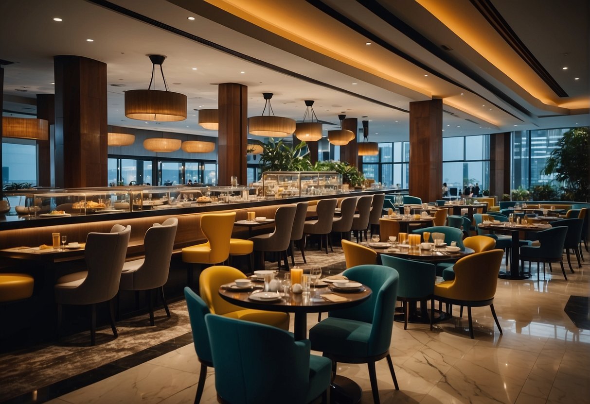 A bustling hotel dining area in Singapore, with colorful promotional displays and a variety of cuisines being enjoyed by guests
