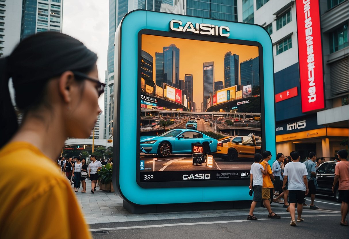 A vibrant cityscape with iconic Casio billboards and promotions in Singapore's bustling streets