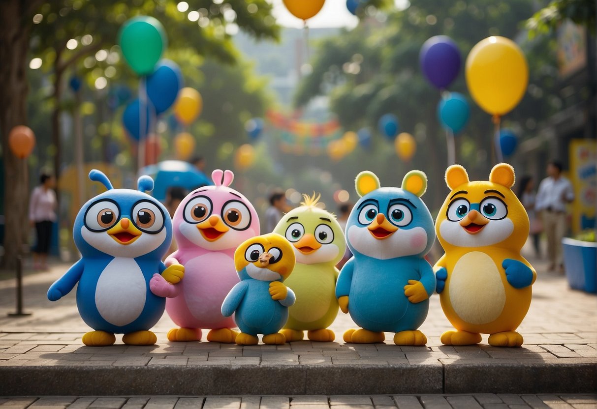 Pororo Park promotions in Singapore: colorful banners, happy children playing, families enjoying activities, staff assisting guests, and a lively atmosphere