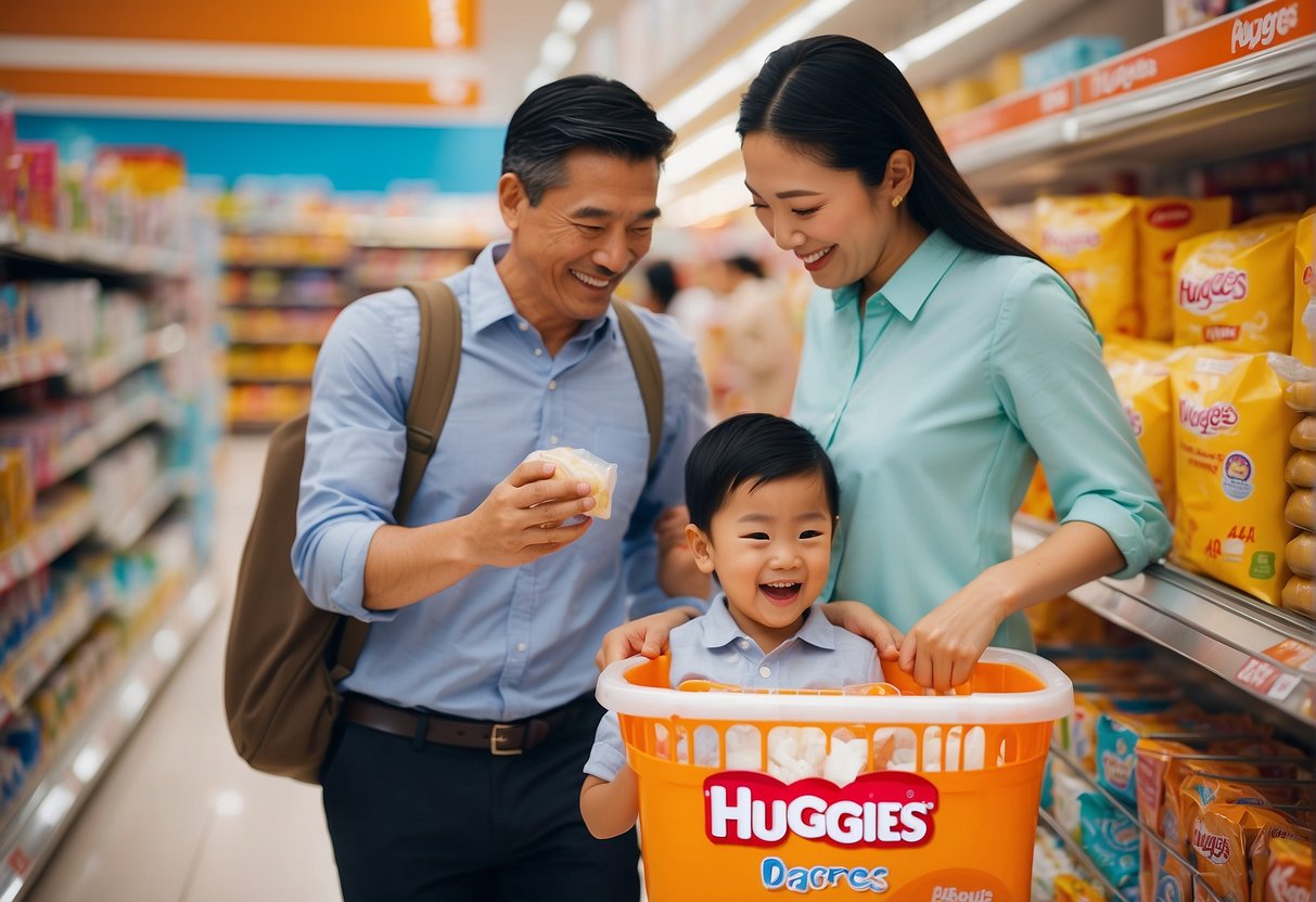 A cheerful family shopping for Huggies diapers in a vibrant Singapore supermarket, surrounded by promotional displays and colorful packaging